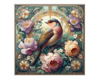 Backsplash Tile Art, Songbird #24.  A ceramic tile mural of a bird against a floral background. In the style of William Morris.