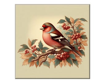 William Morris Ceramic Tile, Songbird #13.  A ceramic tile mural of a finch in a tree on a soft background in the style of William Morris.