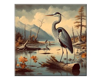 Audubon Ceramic Tile, Waterbird #1.  A ceramic tile mural of a Great Blue Heron in the style of John James Audubon.