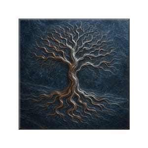 May include: A square wall art piece featuring a detailed relief of a tree. The tree's trunk and roots are a warm brown, transitioning to silver branches against a dark blue textured background. The artwork has a three-dimensional effect.