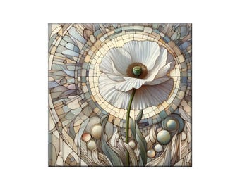 Art Nouveau Floral Ceramic Tile Mural: White Poppy on a Tiled Background