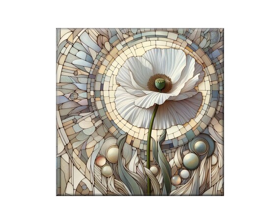 Art Nouveau Floral Ceramic Tile Mural: White Poppy on a Tiled Background