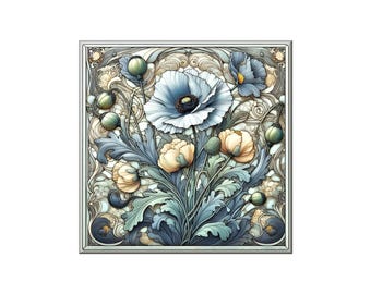 Art Nouveau Floral Ceramic Tile Mural: White Poppies Backsplash Tiles