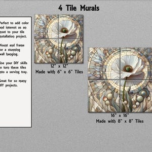 The image is a collage of two images, each depicting a unique tile mural. The first image shows a large white flower with a green center, while the second image features a mosaic-like design with various shapes and colors. The text provides information about the tile murals, including their size, materials, and the number of tiles in each mural.