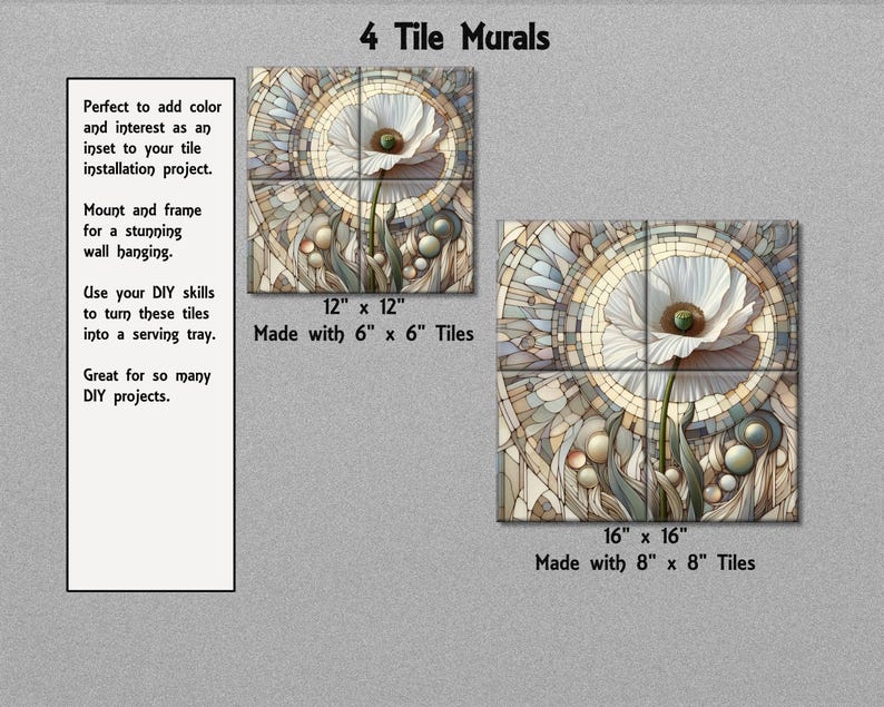 The image is a collage of two images, each depicting a unique tile mural. The first image shows a large white flower with a green center, while the second image features a mosaic-like design with various shapes and colors. The text provides information about the tile murals, including their size, materials, and the number of tiles in each mural.