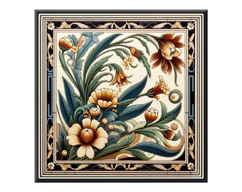 Ceramic Tile Mural, Art Nouveau  #7.  A ceramic tile mural of flowers against a flowing, floral background.