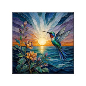 May include: A square wall art piece featuring a stained glass style illustration of a hummingbird in flight. The scene depicts a vibrant sunrise over a blue ocean with orange and yellow flowers on a green stem in the foreground and purple sky.