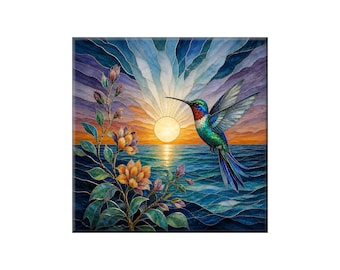 Ceramic Tile Mural – Hummingbird Ocean Sunset Art, Kitchen Backsplash (Gloss or Satin)
