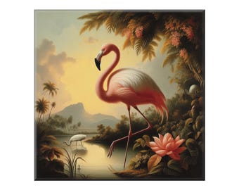 Backsplash Art Tile, Flamingo # 3.  A ceramic tile mural of a Pink Flamingo surround by flowers in the style of Audubon.