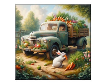 William Morris Ceramic Tile, Vintage Vegetable Truck #3.  A ceramic tile of an old truck filled with vegetables while a bunny eats a carrot.