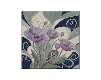 Waterjet Marble Mosaic Replica - Ceramic Tile Mural: Art Nouveau Lavender Poppies