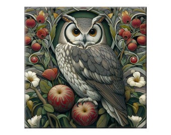 Backsplash Art Tile, Owl 5.  A ceramic tile mural of a pygmy owl against a floral background in the style of William Morris.