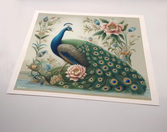 A Set of 3 Canvas Prints. Original Art; Vintage Peacocks.  Ready to frame 8 x 10 canvas prints.  A peacock in the style of William Morris.