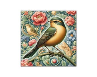 William Morris Ceramic Tile Mural, Songbird Design, Hand-Made