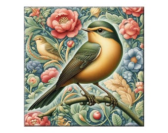 William Morris Ceramic Tile, Songbird #20.  A ceramic tile mural of a songbird on a floral background in the style of William Morris.
