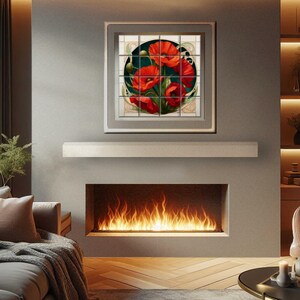 a cozy living room with a fireplace, a framed artwork of red poppies, and a comfortable couch and armchair arrangement.