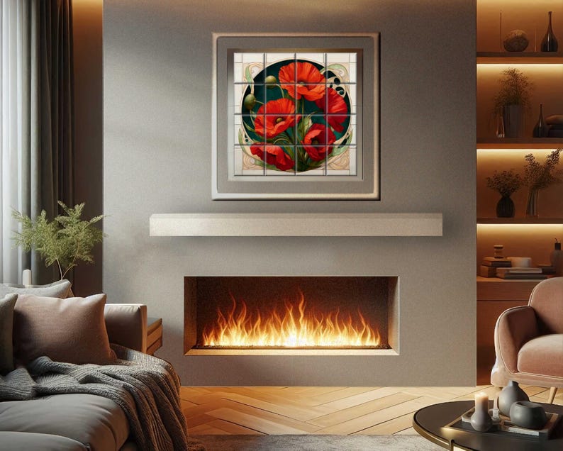 a cozy living room with a fireplace, a framed artwork of red poppies, and a comfortable couch and armchair arrangement.