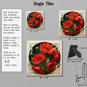 The image is a collection of three images featuring a vibrant red flower arrangement, likely a poppy, set against a green background. The images are labeled with their respective sizes and dimensions, including the width and height of the frames. The text provides information about the ceramic tiles, their durability, and their installation options.