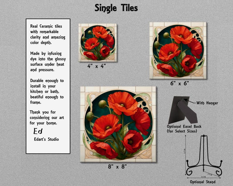 The image is a collection of three images featuring a vibrant red flower arrangement, likely a poppy, set against a green background. The images are labeled with their respective sizes and dimensions, including the width and height of the frames. The text provides information about the ceramic tiles, their durability, and their installation options.