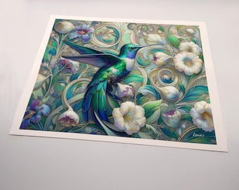 A Set of 3 Canvas Prints. Original Art; Hummingbird Collection #2.  Ready to frame 8 x 10 canvas prints.  An Art Nouveau hummingbird.