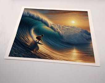 A Set of 3 Canvas Prints. Original Art; Dawn Patrol Collection #1.  Ready to frame 8 x 10 canvas prints. A surfer riding a wave at sunrise.