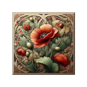 Art Nouveau Floral Ceramic Tile Mural: Kitchen Backsplash with Poppy