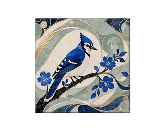 Waterjet Marble Mosaic Replica - Ceramic Tile Mural: Art Nouveau Blue Jay