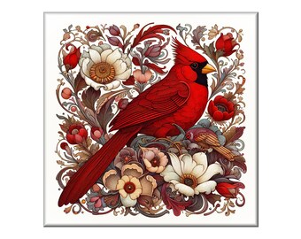 William Morris Ceramic Tile, Songbird #1.  A ceramic tile mural of a songbird on a floral background in the style of William Morris.