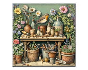 William Morris Ceramic Tile, Vintage Garden Bench #1.  A ceramic tile mural of a bird perched on a vintage garden bench.