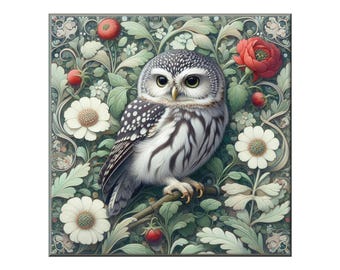 Backsplash Art Tile, Owl 2.  A ceramic tile mural of a pygmy owl against a floral background in the style of William Morris.
