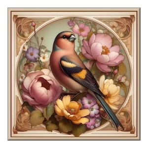 Ceramic Tile Mural, Songbird #22.  A ceramic tile mural of flowers against a flowing, floral background.