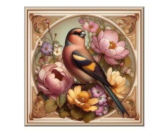 Ceramic Tile Mural, Songbird #22.  A ceramic tile mural of flowers against a flowing, floral background.