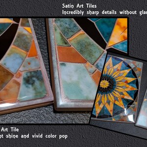 The image showcases a collection of vibrant and intricate satin art tiles, featuring a variety of geometric patterns and designs. The tiles exhibit a brilliant shine and vivid color pop, making them an eye-catching and artistic addition to any space.