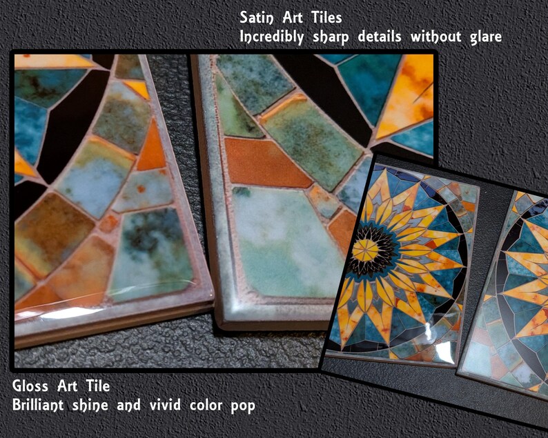 The image showcases a collection of vibrant and intricate satin art tiles, featuring a variety of geometric patterns and designs. The tiles exhibit a brilliant shine and vivid color pop, making them an eye-catching and artistic addition to any space.