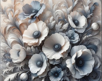 Ceramic Tile Mural, Art Nouveau  #79.  A unique ceramic tile backsplash of poppy blooms against a marbled background.