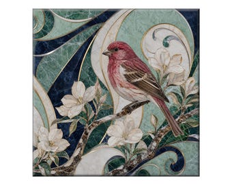 Waterjet Marble Mosaic Replica - Ceramic Tile Mural: Art Nouveau Purple Finch