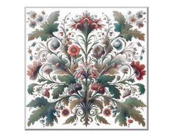 Ceramic Tile Mural, Floral #1.  A a semi-symmetrical floral design against a white background. Great for borders, insets or a large mural.