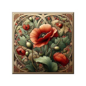 Art Nouveau Floral Ceramic Tile Mural: Kitchen Backsplash with Poppy