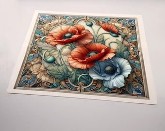 A Set of 4 Canvas Prints. Original Art; Art Nouveau Collection #1.  Ready to frame 8 x 10 canvas prints. Flowers on a swirling background