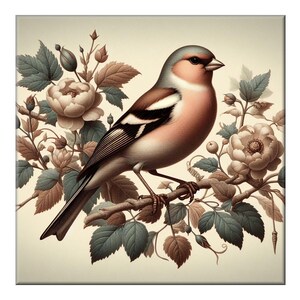 William Morris Ceramic Tile, Songbird #12.  A ceramic tile mural of a finch in a tree on a soft background in the style of William Morris.