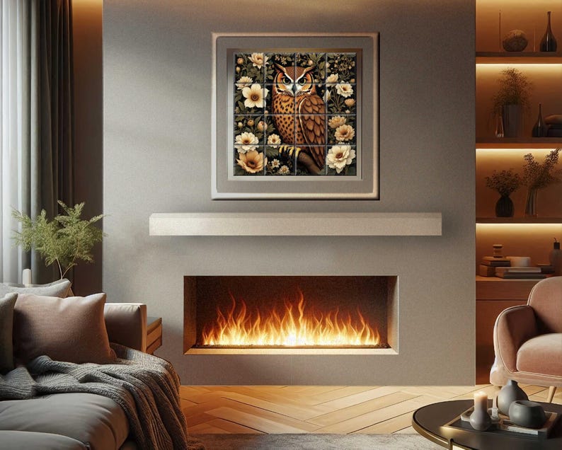 a cozy living room with a fireplace, a framed artwork of an owl, and a comfortable couch and chair arrangement.