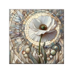 The image is a vibrant and intricate stained glass artwork featuring a large white flower with a green center, surrounded by a circular pattern of colorful glass pieces.
