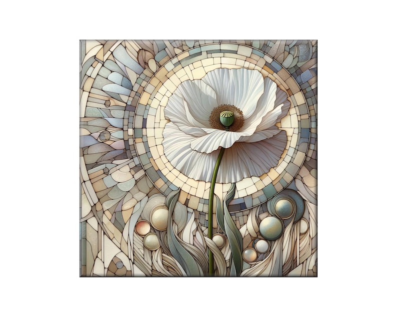 The image is a vibrant and intricate stained glass artwork featuring a large white flower with a green center, surrounded by a circular pattern of colorful glass pieces.