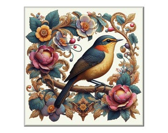 William Morris Ceramic Tile, Songbird #17.  A ceramic tile mural of a songbird on a floral background in the style of William Morris.