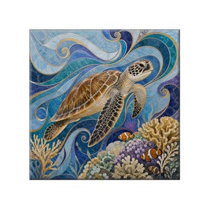 Waterjet Marble Mosaic Replica - Ceramic Tile Mural: An Underwater Seascape with Sea Turtles
