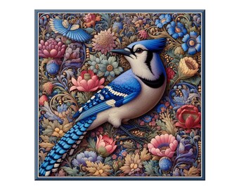William Morris Ceramic Tile, Songbird #10.  A ceramic tile mural of a songbird on a floral background in the style of William Morris.