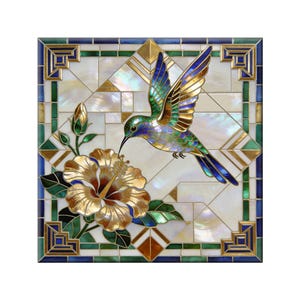 Artistic Ceramic Tile - Bright Hummingbird with GoldFlower