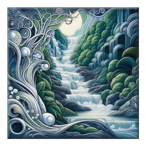 Art Nouveau Waterfall Ceramic Tile Mural: Glossy Interior Wall Art