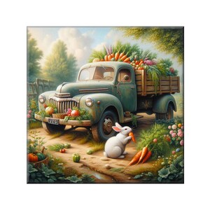 Vintage Scene Ceramic Tile Art : A Vegetable Truck & Bunny