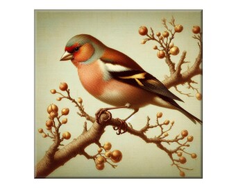 William Morris Ceramic Tile, Songbird #11.  A ceramic tile mural of a finch in a tree on a soft background in the style of William Morris.